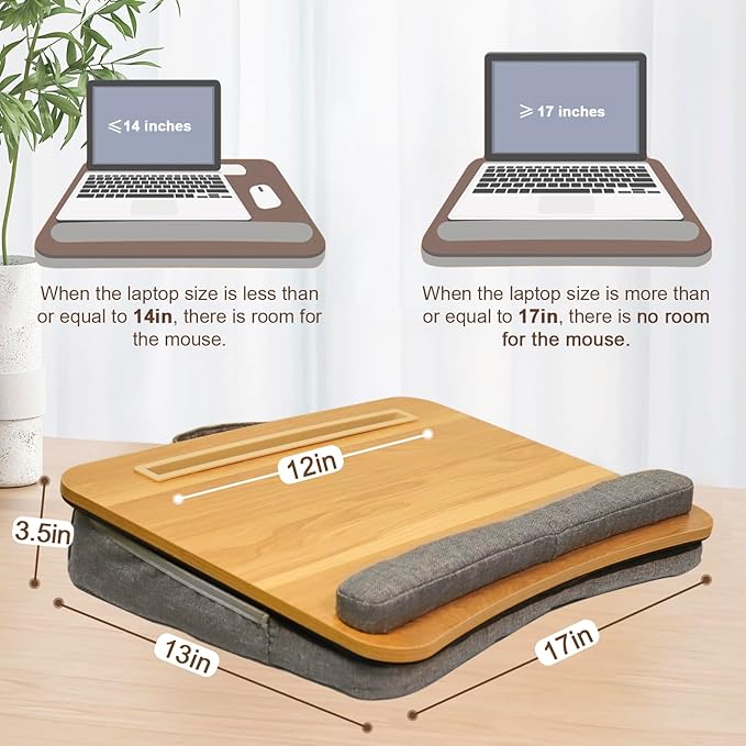 Portable Lap Desk for Laptop with Cushion, Storage Bag Fits Up to 15.6 Inch Laptop, Adults with Ipad/Phone & Pillow Holder for Home Office Bed Couch- Light Wood Color