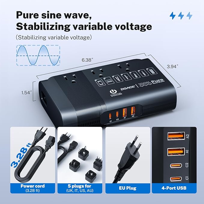 DOACE 500W Pure Sine Wave Voltage Converter, 220V to 110V European Travel Plug Adapter Converter, International Travel Transformer for US to Most Europe，UK, AU, EU, IT with 3 US Outlets & 4 USB, BLACK