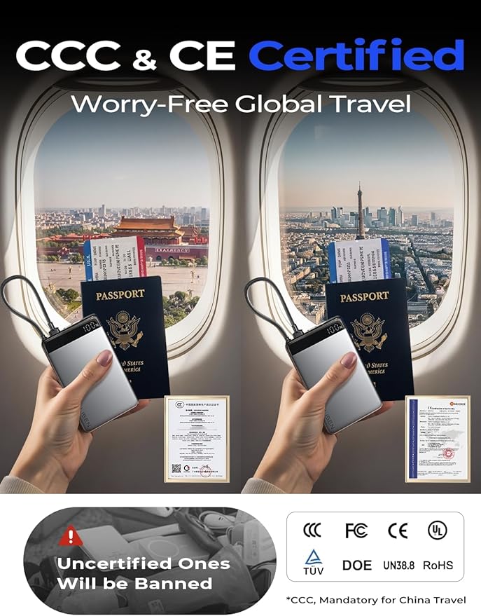 LISEN 0.5" Ultra Slim Portable Charger Power Bank [10000mAh 22.5W] CCC Certified Power Bank TSA Approved, Airplane Gadgets for Global Travel Essentials Portable Battery Pack with Built-in USB C Cable