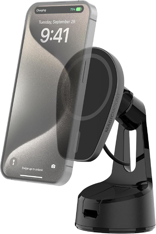 Scosche MPQMWD Charge Pro Qi2 MagSafe Charger Car Mount, 15W Fast Magnetic Wireless Charging Suction Cup Phone Holder for Dashboard/Windshield Compatible with iPhone 16/15/14/13/12 Pro Max Plus, S25