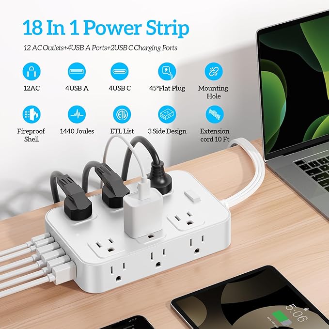 Flat Plug Power Strip Surge Protector with 12 AC Outlets 6 USB Ports 3 Side Multi Plug Outlet Extender 10 Ft Extension Cord for Home Office Kitchen Dorm Wall Desk Charging Station ETL Listed
