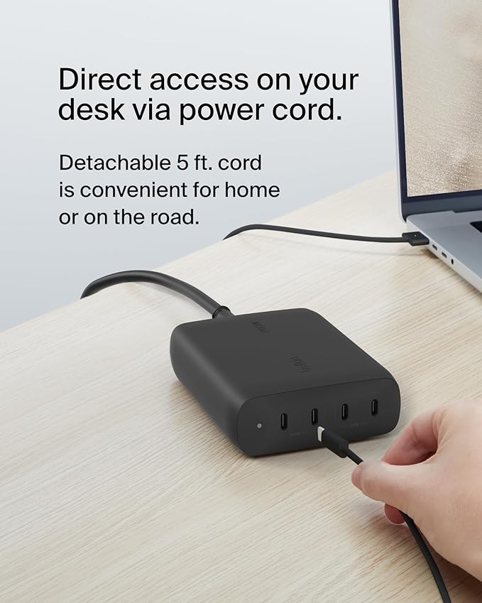 Belkin 4-Port USB C Charger Block, 200W GaN Multi-Port Charger USB-C PD 3.1 Fast Charge + 5ft Power Cord - MacBook, iPhone 17, Air, iPad, Galaxy S25, Google Pixel 10, Nintendo Switch 2 - Black