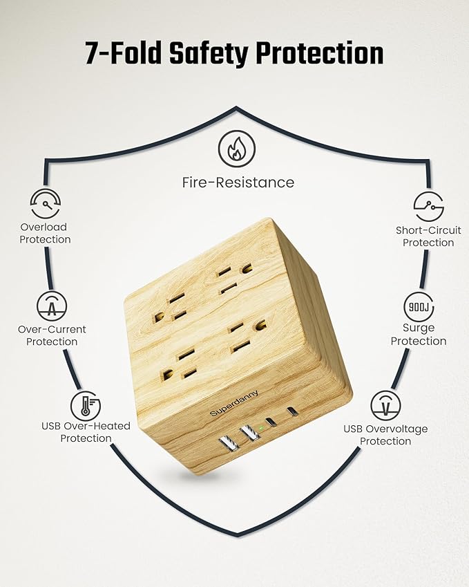 USB Power Strip Surge Protector - SUPERDANNY Desktop Extension Cord with 4 Widely Spaced Outlets & 4 Smart USB Ports, Portable Charging Station for Home, Office, Hotel, Dorm, RV, Faux Wood Grain