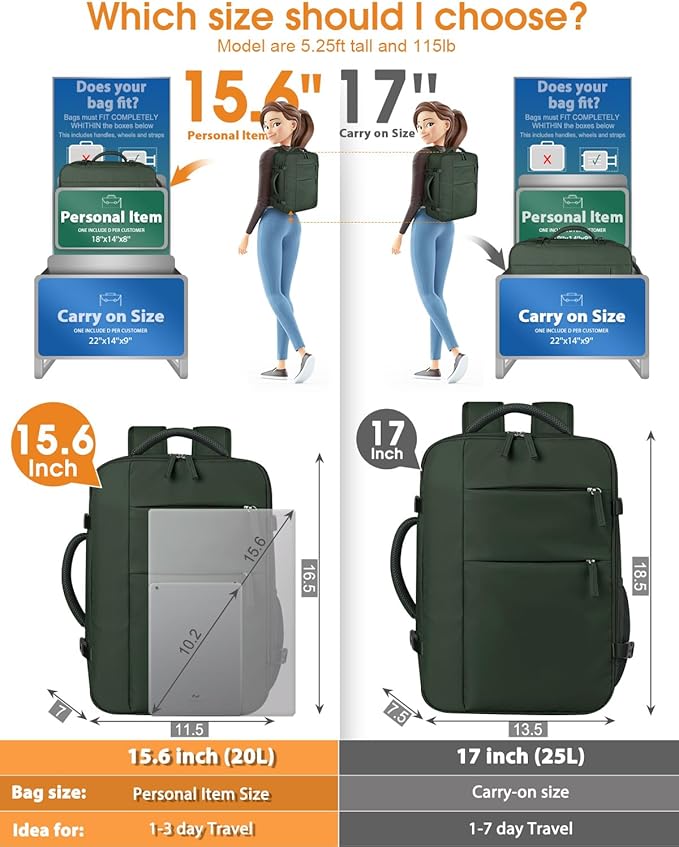 Capolo Travel Backpack for Women Men Waterproof Laptop Backpack Airlines Approved Carry On Backpack Bag Computer Bookbag for Business, Work, Traveling Fits 15.6 Inch Laptop(Green)