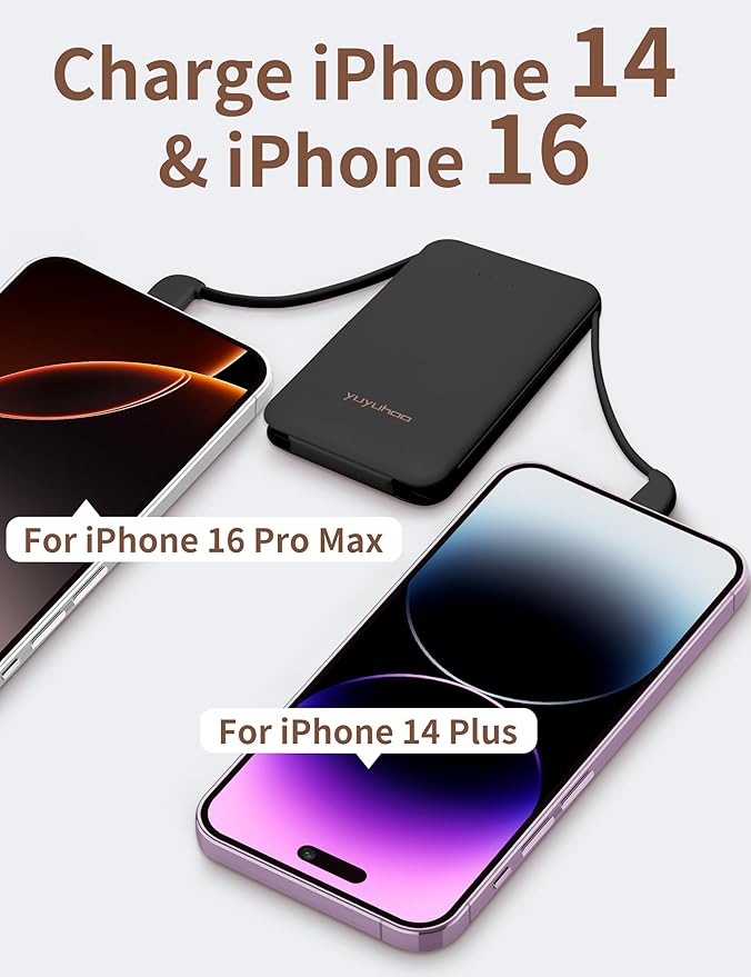 Power Bank, Slimmest 5000mAh Portable Charger with Built in USB-C Cables, USB C in&Out Charging Battery Pack, External Phone Powerbank Compatible with iPhone, Android, Black