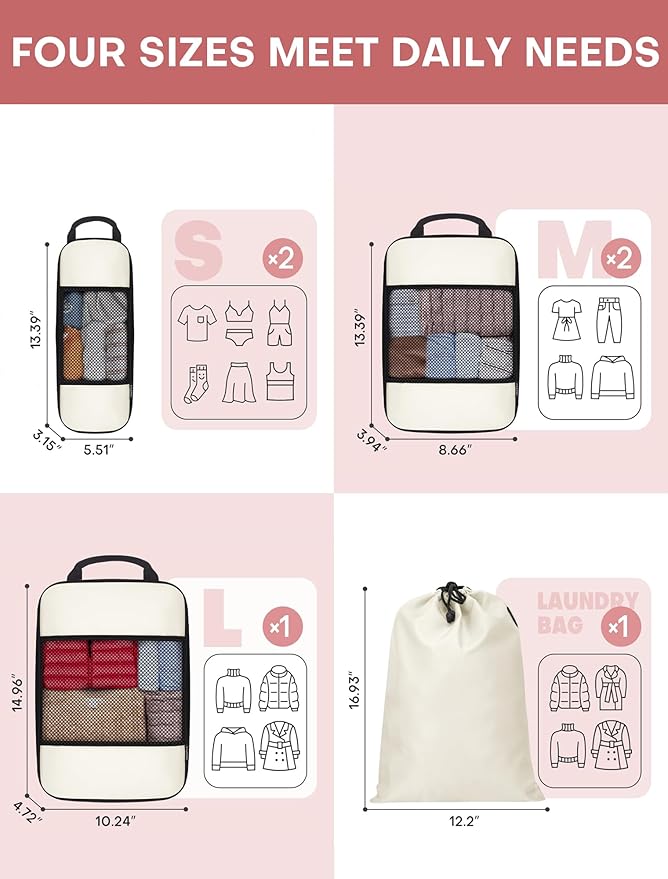 6 PCS Set Compression Packing Cubes for Travel, Lightweight Packing Organizer Bags Travel Essentials for Carry On, Suitcase, Home Closet - Beige