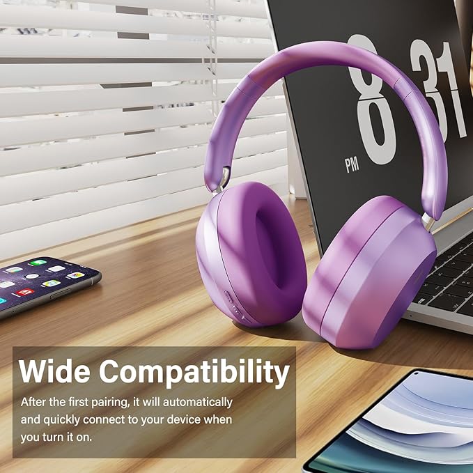 Wentronic Y05 Bluetooth Headphones Wireless Over Ear Noise Cancelling with Microphone 48 Hours Playtime, High Sound Quality Foldable Soft Earpads Earphones for Travel-Purple