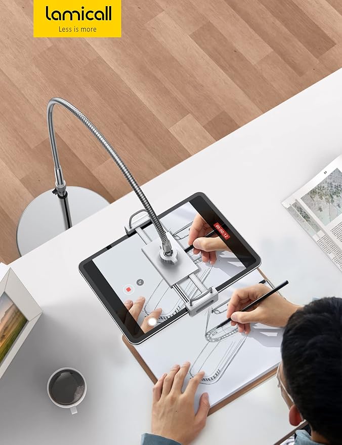 Lamicall Tablet Floor Stand Gooseneck - Swivel Tablet Holder Mount with Adjustable Height & 10.6lb Stable Base, for iPad mini Air Pro 12.9/9.7, Tab, Kindle, iPhone Air 17 Pro Max, Phones (4.7-13")