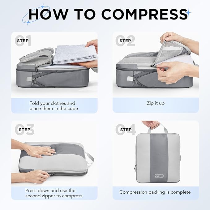 10 Set Compression Packing Cubes for Travel Essentials,Compressible Expandable Packing Cubes for Suitcase,OlarHike Luggage Organizer Bags for Travel,Handy Helper for Organizing Clothes(Gray)