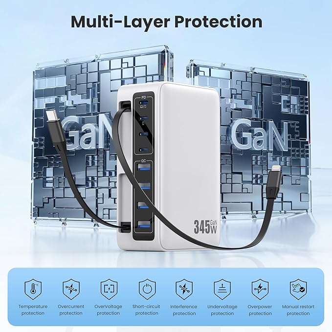 345W USB C Charger Block with 2 Built-in Retractable Cables,10-in-1 GaN IV USB C Charging Station,PD 65W Laptop Charger Power Adapter for MacBook Pro/Air,DELL,iPhone16/15/14,Galaxy S24,Android