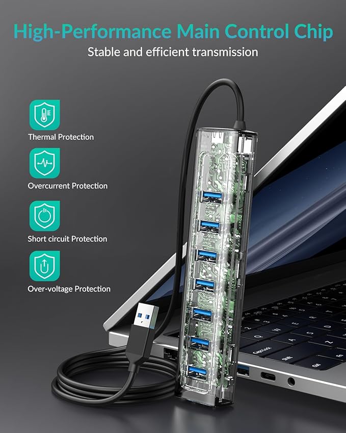 GM7U 7-Port USB 3.0 Hub with 3.3FT Long Cable, Aluminum High-Speed Multi Port Extender for PC Laptop, Desktop Computer, Older Mac, Black Grey