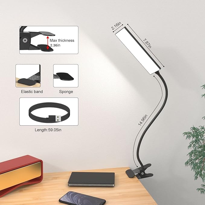 Vansuny Clip on Light LED Desk Lamp with Eye-Caring LED Light and Metal Clip, 11 Level Brightness 3 Color Modes, Power by USB Port 5W Flexible Gooseneck Reading Lamp for Home and Office (5W, Black)
