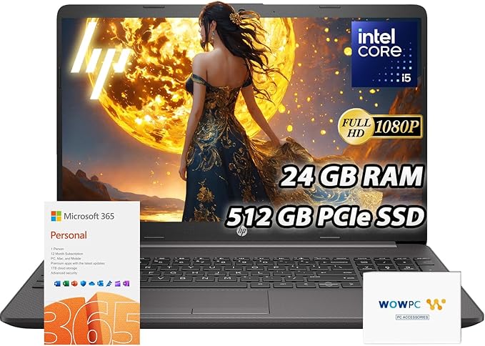 HP 250-G9 Flagship 15.6" Laptop - Special Business Edition w/Microsoft Office 365-24GB RAM | 512GB SSD - Intel Core i5 10-Core Processor - 15.6" FHD - Wi-Fi 6 - Win 11 - w/WOWPC Recovery USB