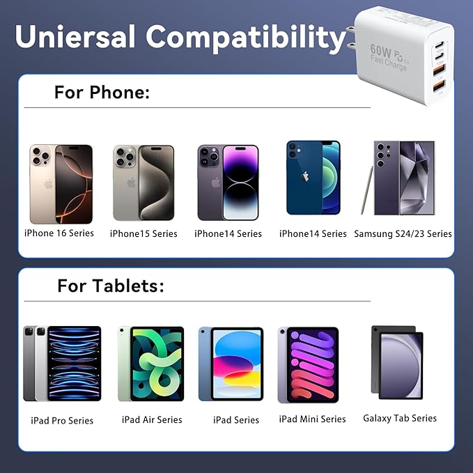 USB C Wall Fast Charger Block, 60W 4-Port Type C Charger Fast Charging Blocks +QC 3.0 USB C Multiport Charger Brick for Phone 16/15/14/13/12 Pro Max, Pad, Galaxy S24/23