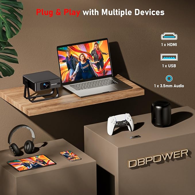 [Ultra-Slim 1.97"| Netflix Licensed | AI Auto Focus | 360° Stand] Smart Mini Projector with WiFi 6 & Bluetooth, Built-in Netflix/YouTube/Disney+/Hulu, DBPOWER N5 Movie Projector for Bedroom (Black)