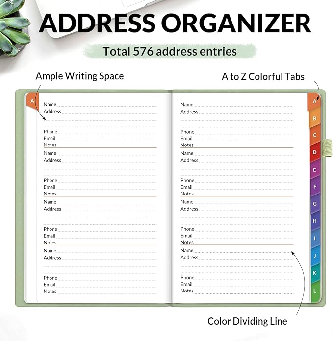 SUNEE Address Book with Colorful Alphabetical Tabs, Address Notebook Organizer for Record Contacts, 5.3'' x 7.7''- Sage Green