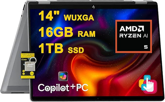 HP OmniBook X Flip 2-in-1 Laptop 14" WUXGA IPS Touch (400nits) AMD 6-core Ryzen AI 5 340 (Up to 50 Tops) 16GB RAM 1TB SSD for Creator Designer Business Professional Win11 ICP Hub/Copilot+ AI PC