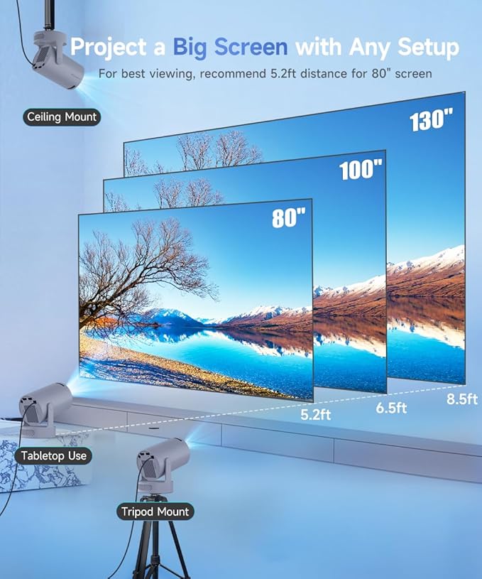Mini Projector with WiFi 6 and Bluetooth 5.4, Portable Projector 4K support, 5w Soundbase Speaker, Auto Vertical Keystone 180°Rotatable Smart Proyector for Movie Home Outdoor HY300Pro+ (Grey)