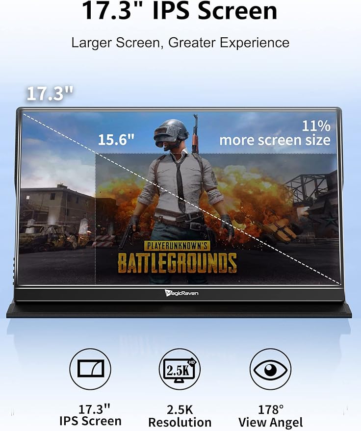 2.5K Portable Monitor, 17.3" QHD IPS Laptop Screen, VESA USB C HDMI Second Computer Gaming Display with 2 Speakers, Travel Monitor for MacBook Phone PS4/5 PC Phone Xbox Switch