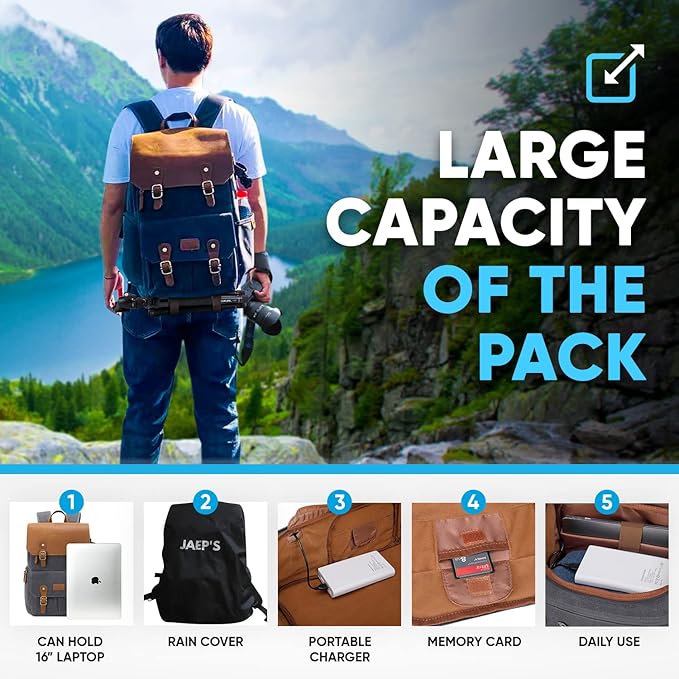 JAEP Camera Backpack - Weather Resistant 16 Ounces Waxed Memory Canvas – DSLR SLR Backpacks with 15.6” laptop sleeve compartment and Tripod Holder for Photographers -Vintage leather Style (Dark Grey)
