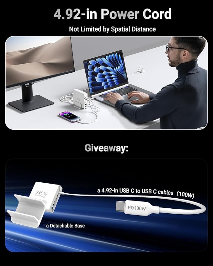 240W USB C Charger 6-Port, PD3.1 GaN Charger with LED Display Desktop Fast Charging Station for MacBook Pro/Air - iPhone Pro - iPad Pro - Dell XPS - Galaxy - Pixel - Laptops and More, White