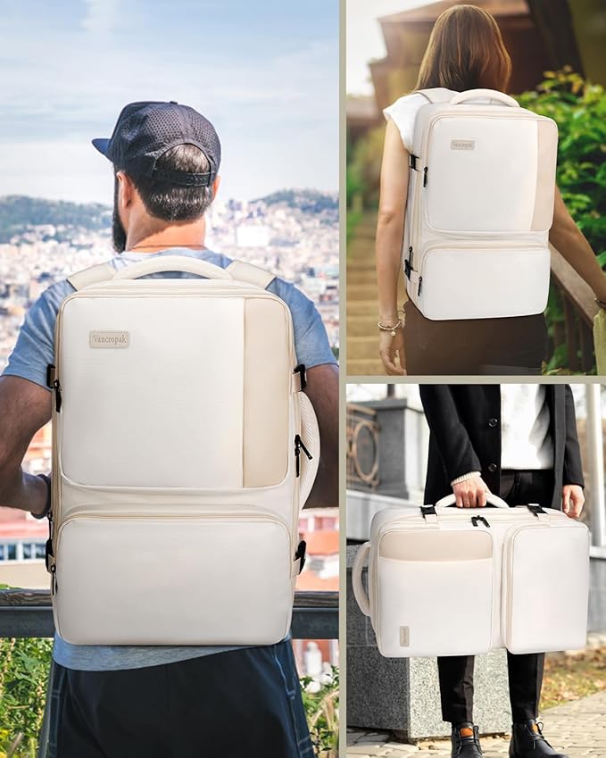 Vancropak Carry on Backpack, 47L Expandable Extra Large Travel Backpack with 3 Packing Cubes, Flight Approved Water Resistant Luggage Suitcase Weekend Duffle Bag Overnight Daypack for Women Men, Beige