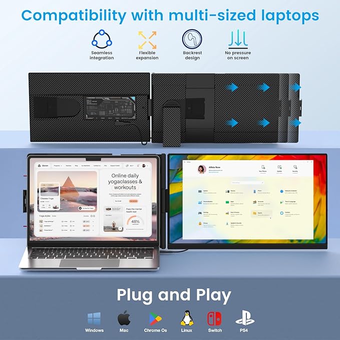 Laptop Screen Extender 15.6 inch, 1080P FHD Detachable Screen, Plug & Play, Screen Extender Portable Laptop for 13"-17.3" Laptops, Compatible with Windows, Mac, Chrome