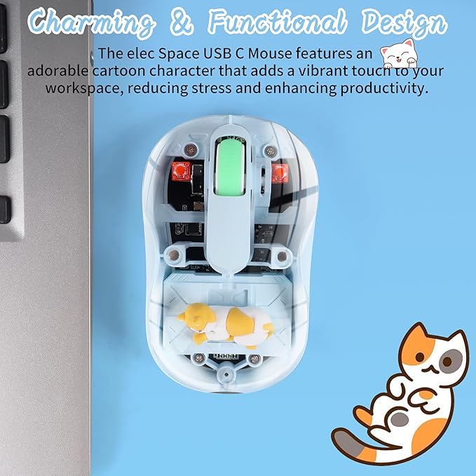 elec Space Cute Wireless USB C Mouse - Bluetooth Triple Mode Rechargeable Cartoon Mouse for Laptops, iPads & MacBook Air/Pro - Silent Operation, Portable Design, Unique Magnetic Character (Blue)