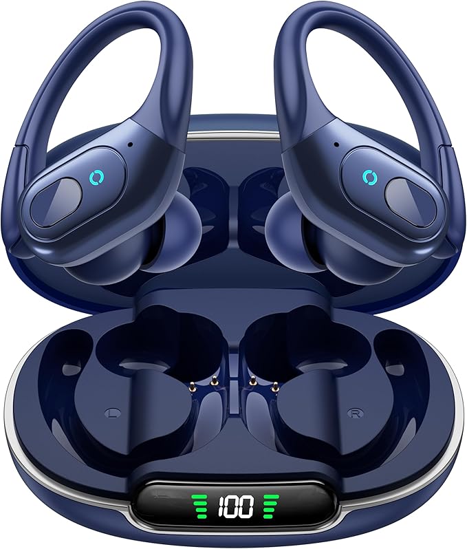 occiam Active Noise Cancelling Ear Buds Bluetooth Headphones Wireless Earbuds 90Hrs Playback Stereo Bass Earphones with Over-Ear Hooks IPX7 Waterproof Earbud for Sports Running Gym Workout Deep Blue