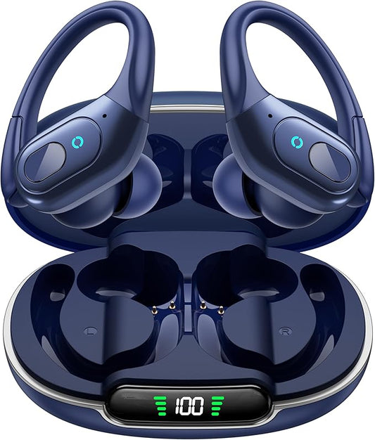 occiam Active Noise Cancelling Ear Buds Bluetooth Headphones Wireless Earbuds 90Hrs Playback Stereo Bass Earphones with Over-Ear Hooks IPX7 Waterproof Earbud for Sports Running Gym Workout Deep Blue