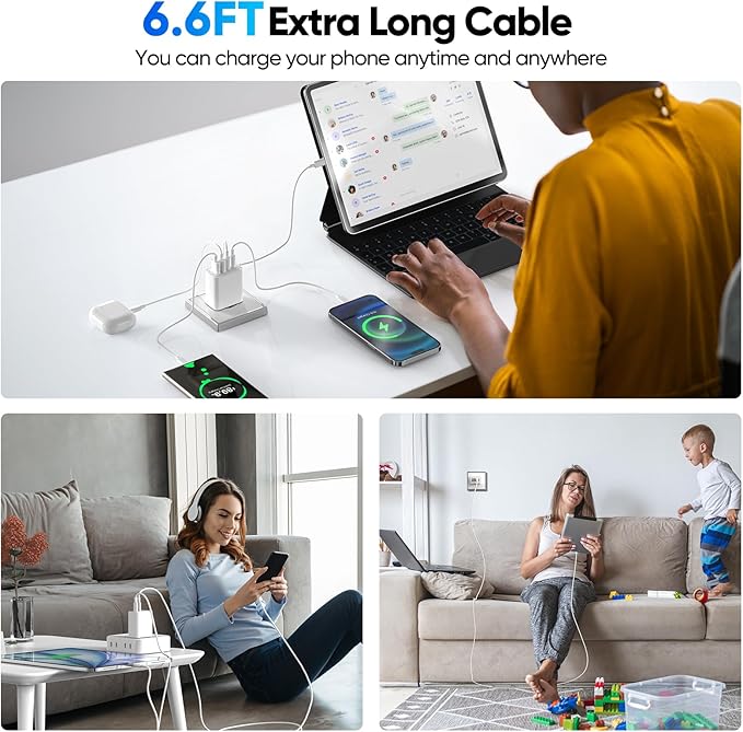 [2-Pack] USB C Charger,80W 4-Port Type C Fast Charging Block,USBC Multiport Wall Plug PD&QC GaN Charging Cube with 6.6FT USB C Cable for iPhone 16/15/14/13/12/11/Pro Max/XS/XR, Samsung（White