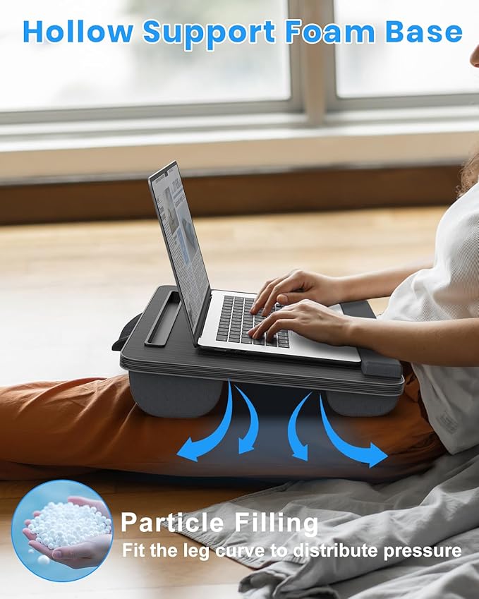 Portable Lap Desk, Laptop Stand for Bed with Soft Wrist Rest, Tablet/Phone Slot, Fabric Handle, Laptop Bed Desk with Cushion (Black)