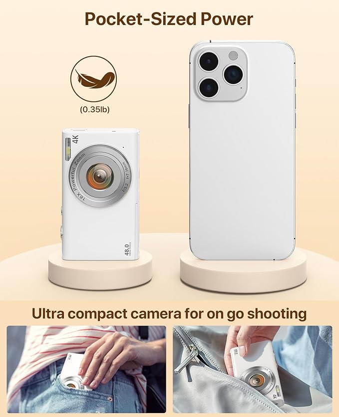 Digital Camera, 4K Vlogging Camera for YouTube Autofocus Cameras for Photography with 16X Digital Zoom, 48MP Compact Point and Shoot Digital Camera for Teens Adult with 32GB SD Card, 2 Batteries-White
