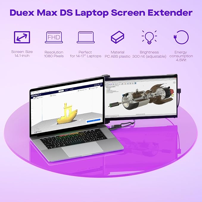Laptop Screen Extender - Mobile Pixels Duex Max DS 14.1'' Portable Monitor for 14'' to 17'' Laptops, FHD 1080p USB Type-C/HDMI Ports Laptop Monitor, Compatible with Mac/Windows/Android/Switch