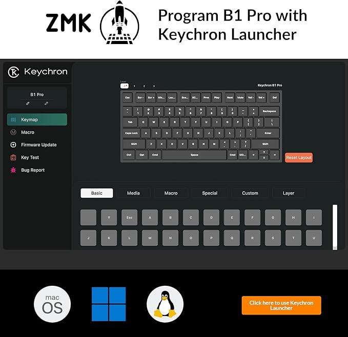 Keychron B1 Pro Ultra-Slim ZMK/Launcher Wireless Bluetooth 2.4 GHz/Wired Connection Keyboard for Mac Windows Linux - Gray