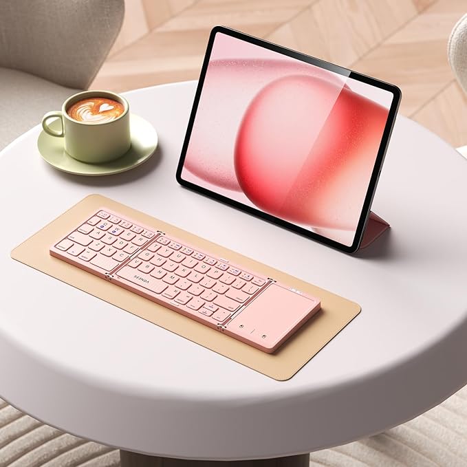 seenda Foldable Bluetooth Keyboard for Travel, Tri-Folding Wireless Rechargeable Multi-Device Portable Keyboard with Touchpad, for Laptop iPad Tablet PC Smartphone Windows iOS Android, Pink