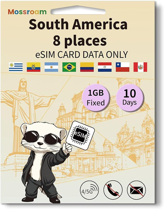 eSIM for 8 Countries in South America Trave Internationa Travel,4/5G LTE Prepaid 10 Days Plan,1GB Daily Data Only