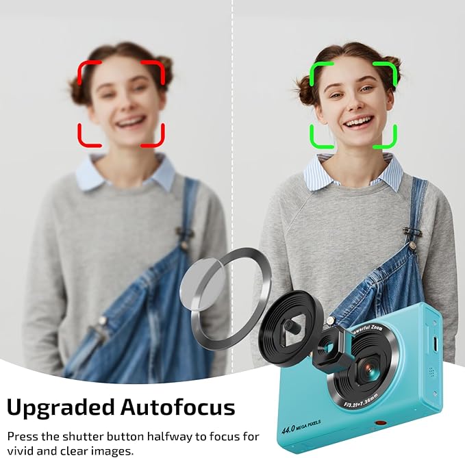 Digital Camera, FHD 4K 44MP Autofocus Point and Shoot Camera with 2.4" LCD 16X Zoom Portable Compact Cheap Camera for Teens Boys Girls Kids Adults (Blue)