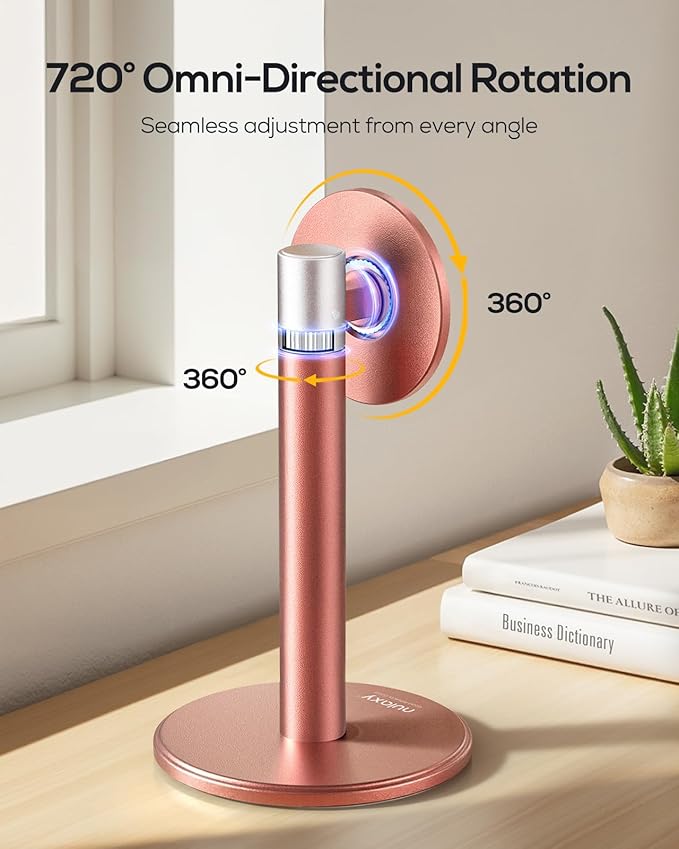 Nulaxy Magnetic Full Aluminum Phone Stand, 360 Rotating Cell Phone Stand for Desk with Metal Ring, Adjustable Phone Holder Compatible with Phone 17 16 15 14 Pro Max and MagSafe Case, Pink