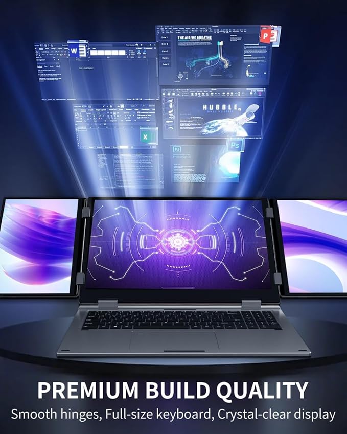 Triple Screen Laptop,16” Main + Dual 10.5” Monitors, Core i7-1270P, 32GB RAM,2TB SSD, Windows 11 Pro,Wi-Fi 6,BT 5.2,Face & Fingerprint Unlock,USB-C,HDMI for Business/Design/Stock Trading