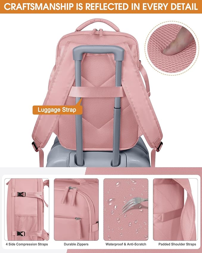 Capolo Travel Backpack for Women Men Waterproof Laptop Backpack Airlines Approved Carry On Backpack Bag Computer Bookbag for Business, Work, Traveling Fits 15.6 Inch Laptop(Pink)