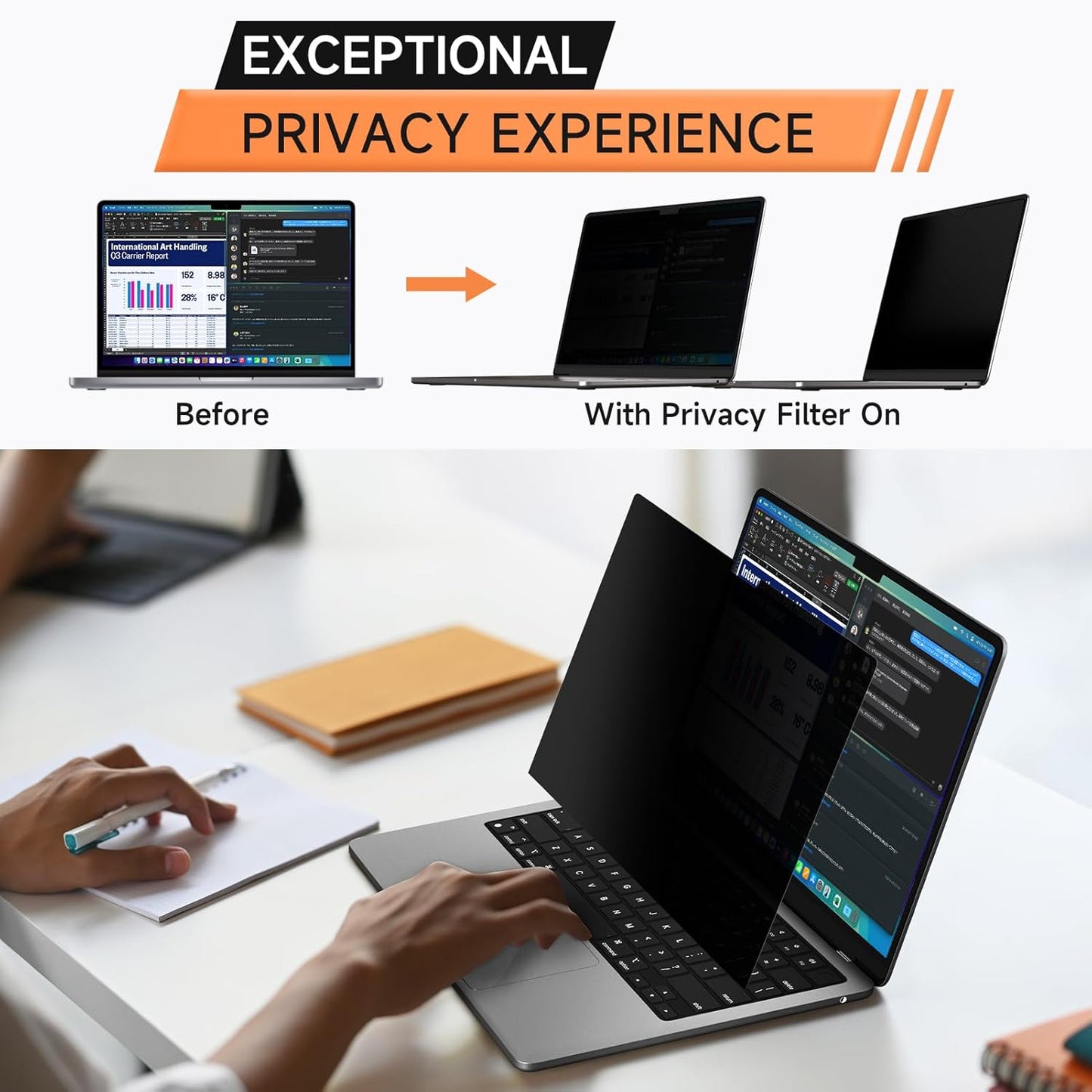 Privacy Screen for Macbook Pro 13 Inch (2016-2022, M1, M2) & Air 13 inch (2018-2021, M1), Anti Glare Blue Light Filter, Nano No Glue Anti Spy Black Protector for Mac Pro 13In Laptop Computer