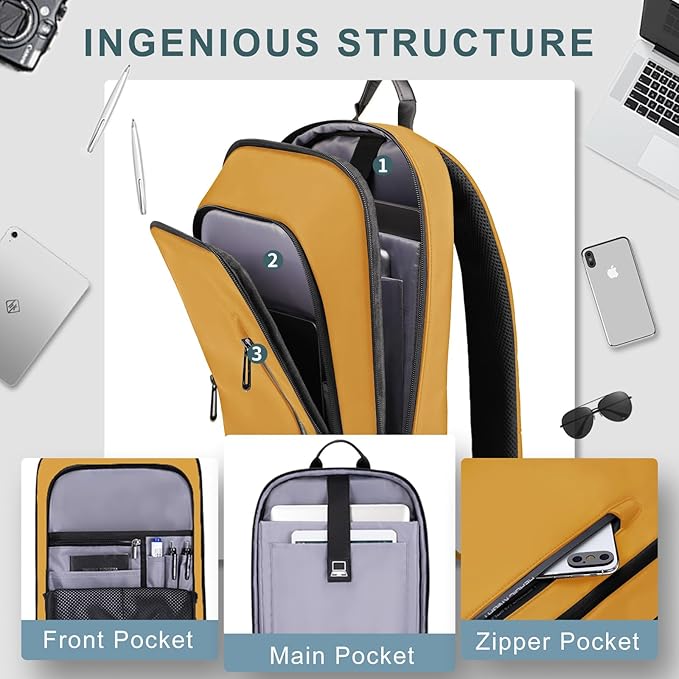 hk Backpack for Men Business Slim Backpack with USB Charger Computer Lightweight Anti-theft Travel (Yellow, 17.3 Inch)