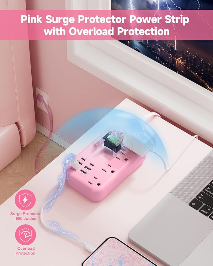 6 USB(2 USB C) Pink Extension Cord- 5Ft Travel Power Strip with 24W USB Charging Station and 4 Outlets, Pink Desk Accessories with Surge Protector for Cute Kawaii Gifts College Dorm Desk