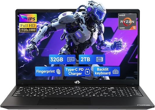 NIMO 15.6" IPS FHD-Gaming-Laptop, AMD Ryzen 5 6600H 6 Cores 32GB DDR5 RAM 2TB SSD (Beat i7-1165G7, Up to 4.5GHz) Radeon 660M GPU-Computer with 100W Type-C Backlit Keyboard Fingerprint Win 11