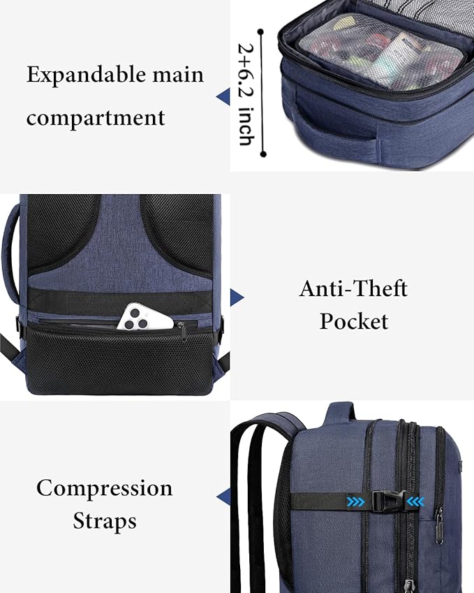 Vancropak Personal Item Backpack for Airlines, Expandable Travel Backpack with 3 Packing Cubes, TSA Flight Approved Carry on Travel Bag, Large Water Resistant Luggage Suitcase bag for Men Women, Blue