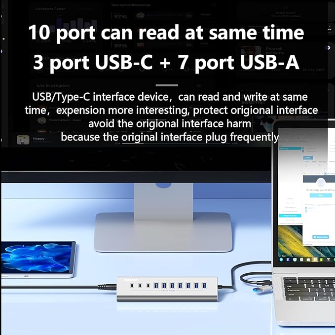 10 Ports USB HUB 7 USB-A and 3 USB-C Ports Multiport Adapter, USB3.0 Aluminum USB C to USB Hub for iPhone 16/15 Series, MacBook, iPad