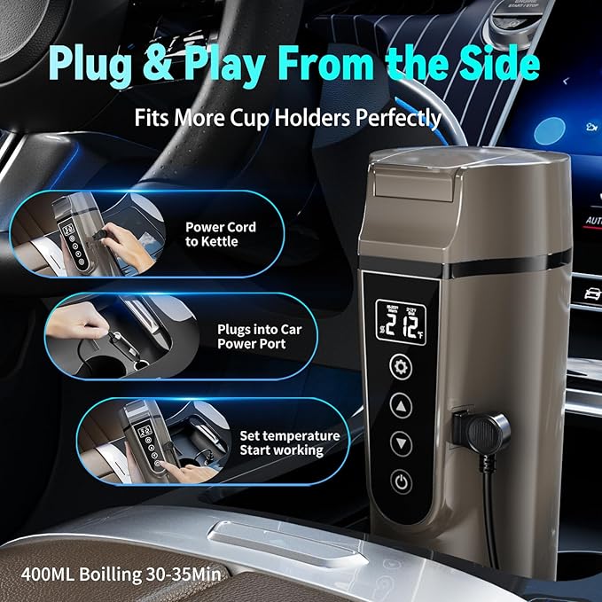 Car Electric Kettle for Travel : FVPE 12V/24V Small Electric Water Kettle, Multi-Temp Control 400 mL Portable Car Water Boiler for Brewing Coffee Tea,LCD Display 304 Stainless Steel Truck Heating Cup