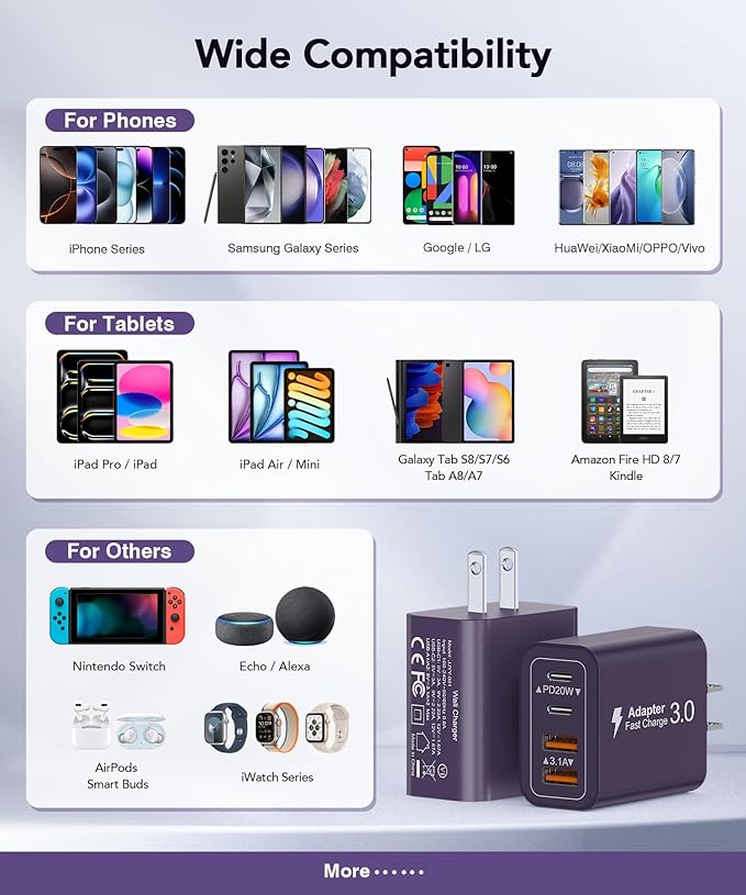 40W USB C Charger Block, 2-Pack 4-Port Type C Fast Charging Brick Dual PD&QC Wall Plug Adapter Power Brick for iPhone 13/14/15/16/17 Pro Max Plus/iPad/Airpods/iwatch/Samsung Galaxy (Purple)