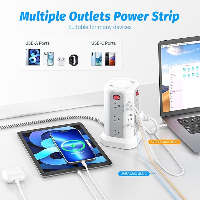 Power Strip Tower Surge Protector with PD20W USB C, 6FT Desktop Extension Cord Charging Station with 12 AC Multiple Outlets 5 USB Ports, Charger Tower Multiple Protections for Home Office Supplies